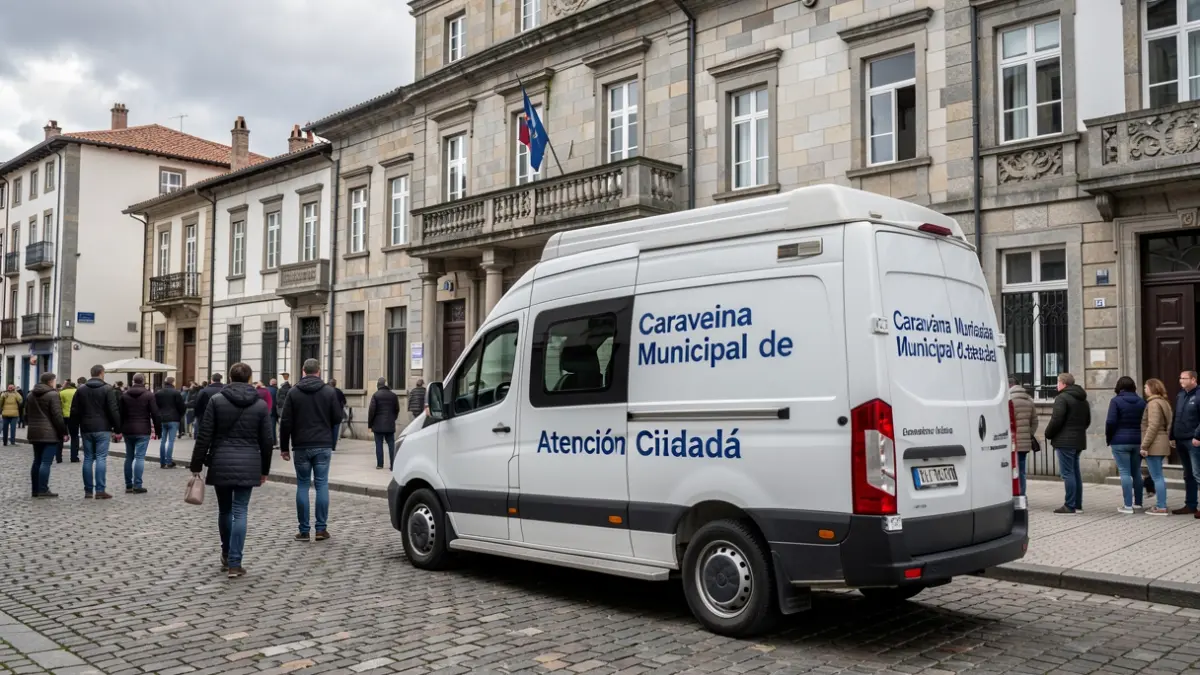 Imaxe dunha caravana municipal de atención cidadá aparcada diante dun concello galego.