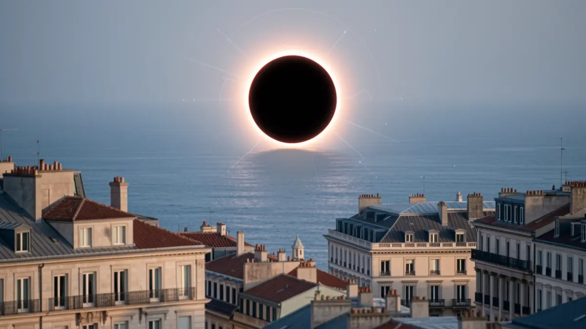 Imagen genérica de un eclipse solar sobre una ciudad gallega con arquitectura de granito.