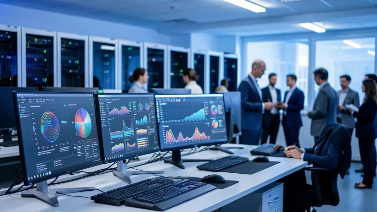 Imaxe xenérica dun laboratorio de investigación tecnolóxica con pantallas de datos.