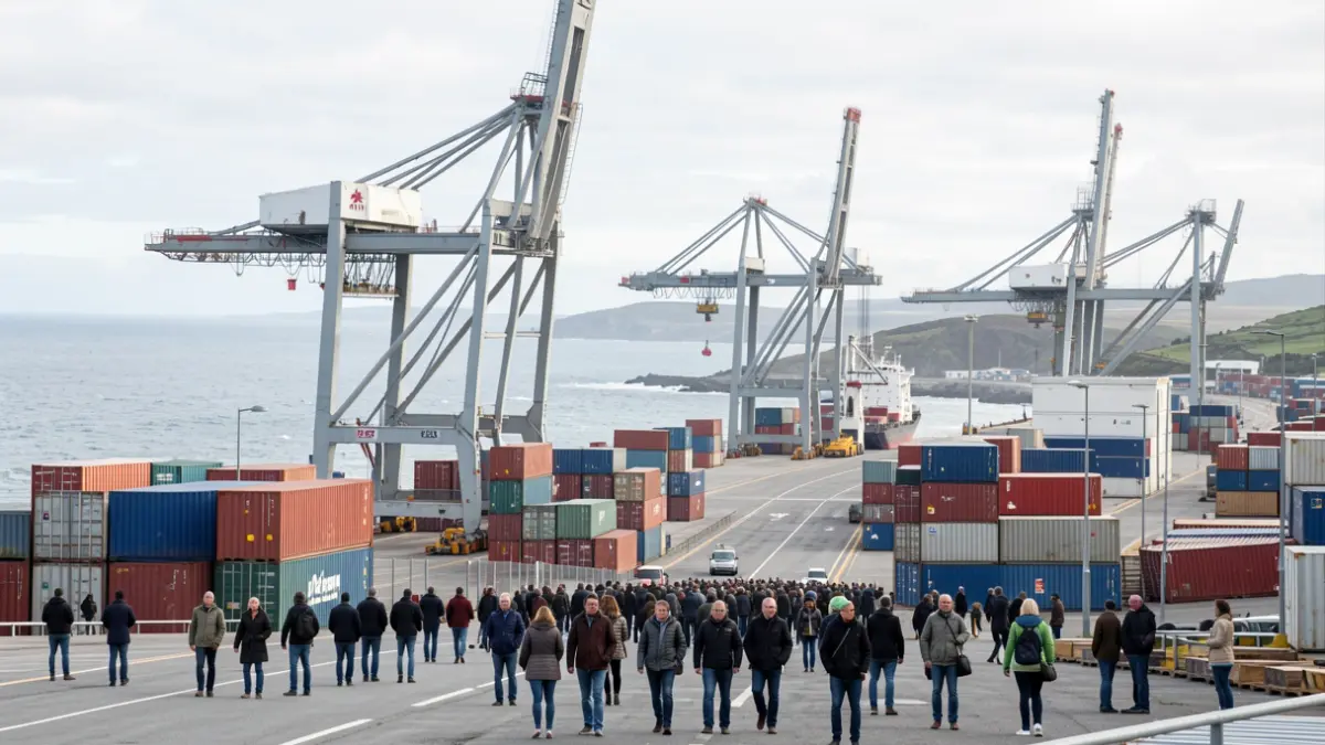 Imaxe dunha zona portuaria industrial con guindastres de carga.