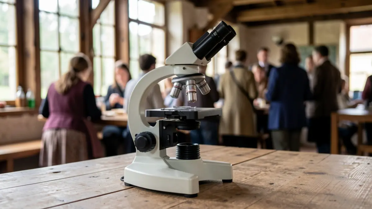 Imagen de un microscopio en un centro social durante un taller científico.