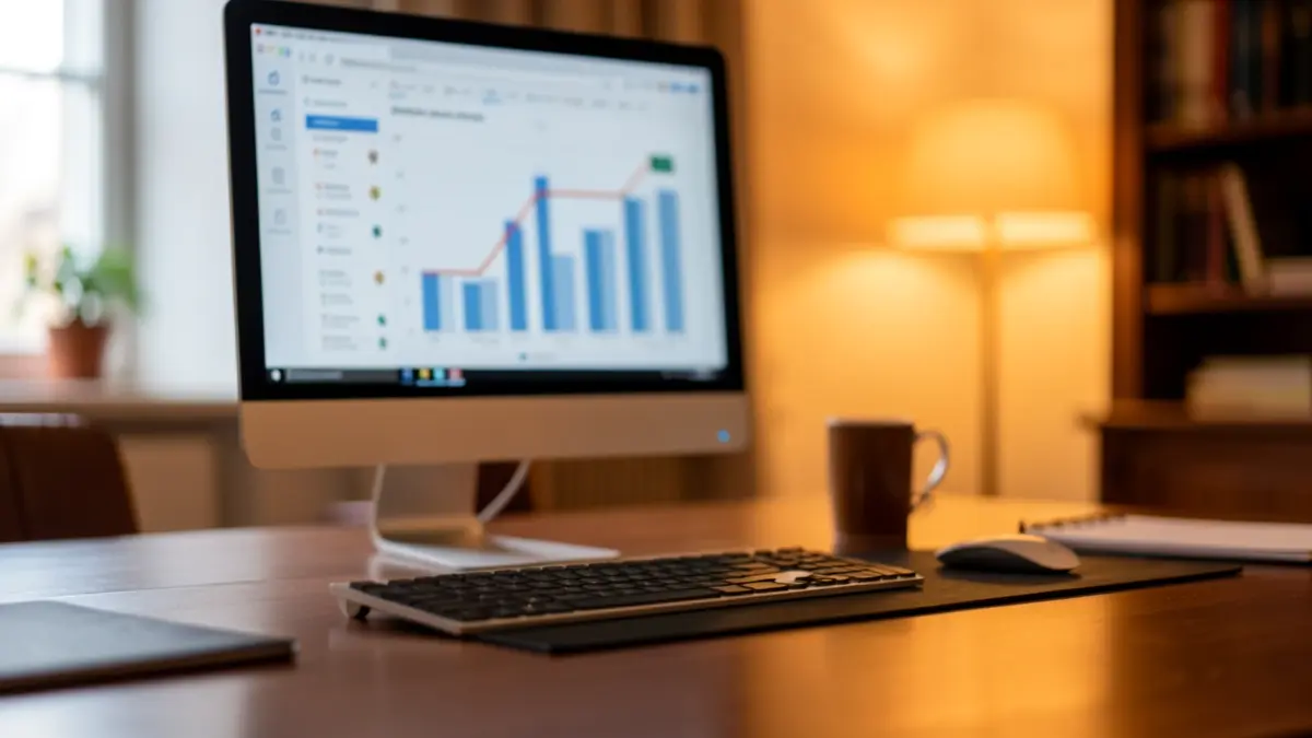 Imaxe xenérica de oficina con gráficos de datos nunha pantalla.