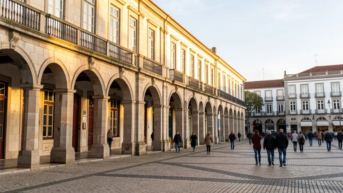 Imaxe xenérica da Praza de María Pita na Coruña con arquitectura de granito baixo a luz da tarde.
