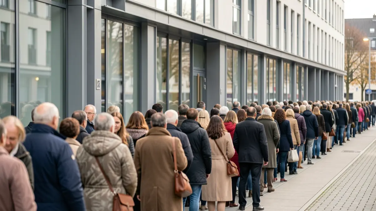 Imagen genérica de una larga fila de personas esperando delante de un edificio moderno.