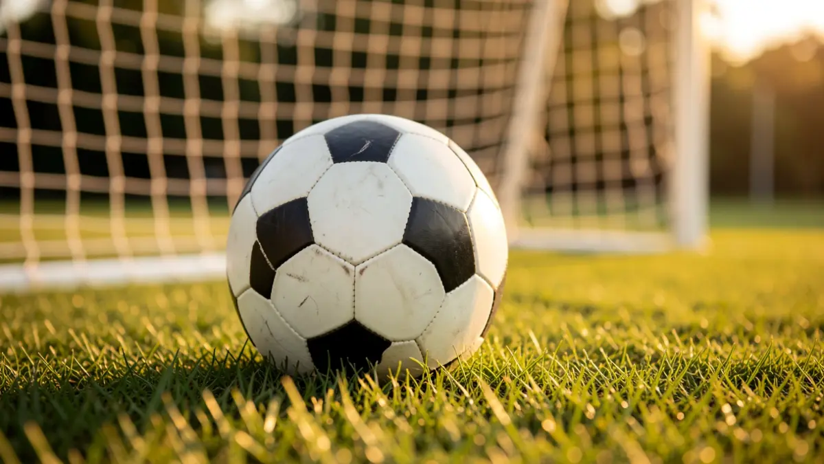 Imagen genérica de balón de fútbol sobre césped con red borrosa al fondo.