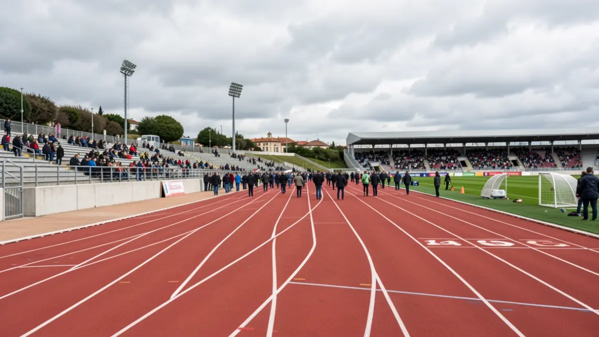 Pista de atletismo do campus de Elviña na Coruña, con gradas ao fondo baixo un ceo anubrado.