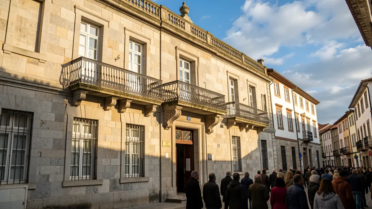 Fachada de un ayuntamiento de granito gallego con balcón ornamentado y barandilla de hierro, a la cálida luz de la tarde.