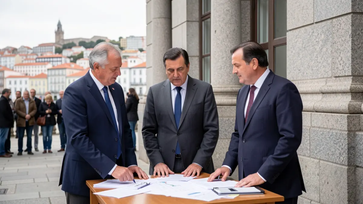 Imaxe xenérica de tres alcaldes reunidos fronte a un edificio institucional discutindo plans.