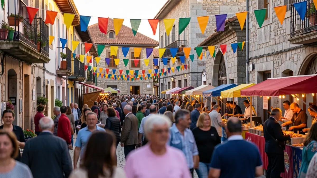 Imagen genérica de una fiesta de barrio en Galicia con gente, música y arquitectura tradicional.