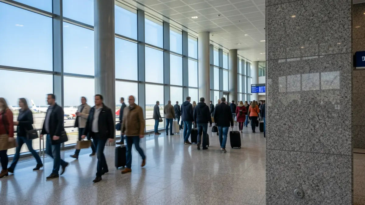 Imaxe xenérica dunha terminal de aeroporto moderna con arquitectura galega sutil.