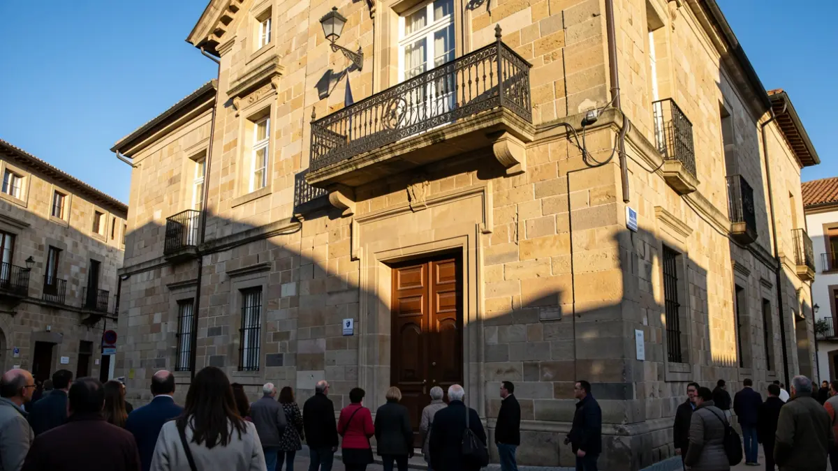 Imagen genérica de un ayuntamiento de Galicia con balcón de hierro y luz de tarde.