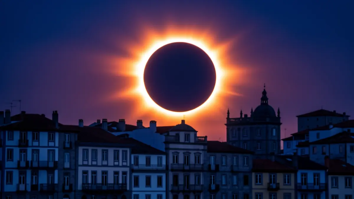 Imaxe xenérica dunha eclipse solar sobre a silueta dunha cidade galega con arquitectura de granito.