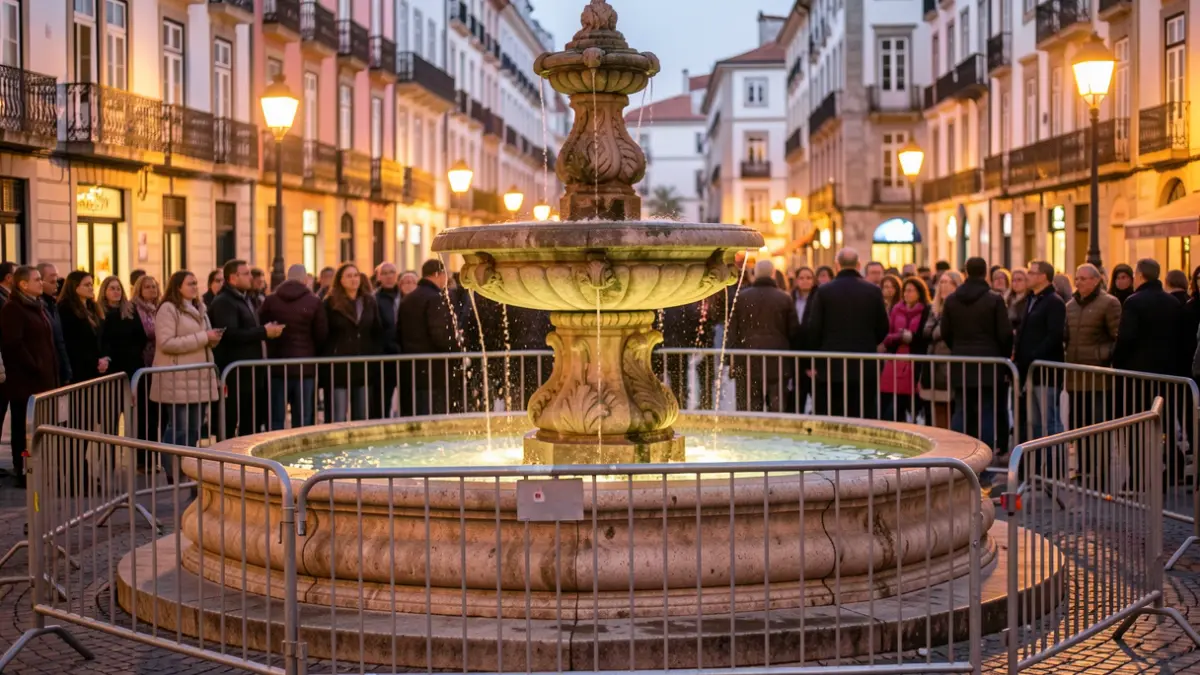 Imaxe xenérica dunha fonte vallada nunha cidade galega pola noite, con xente agardando.