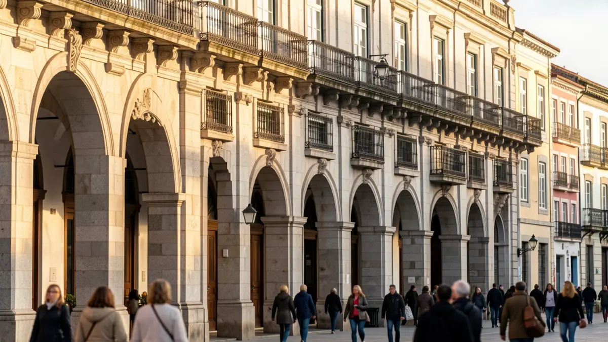 Imaxe xenérica da Praza de María Pita en A Coruña, con arquitectura de granito e luz solar.