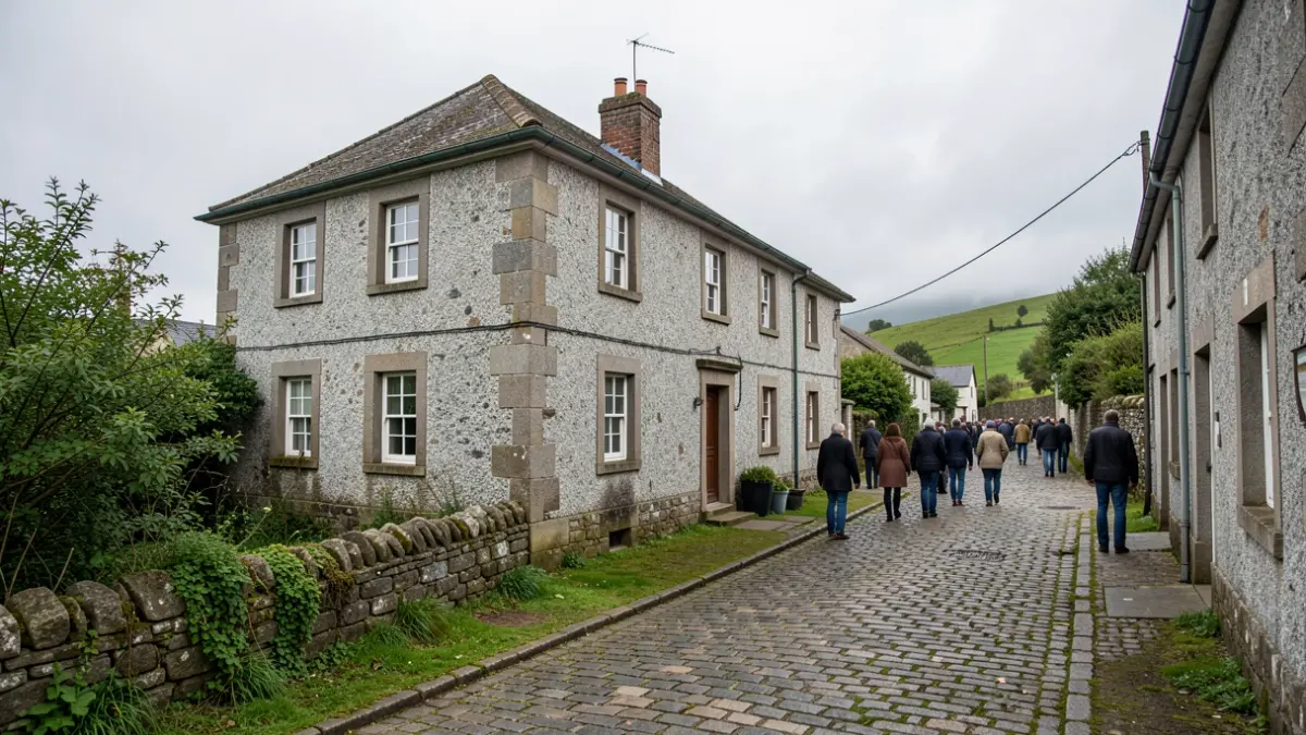 Imaxe xenérica dunha rúa rural galega con casas de pedra e ceo nubrado.