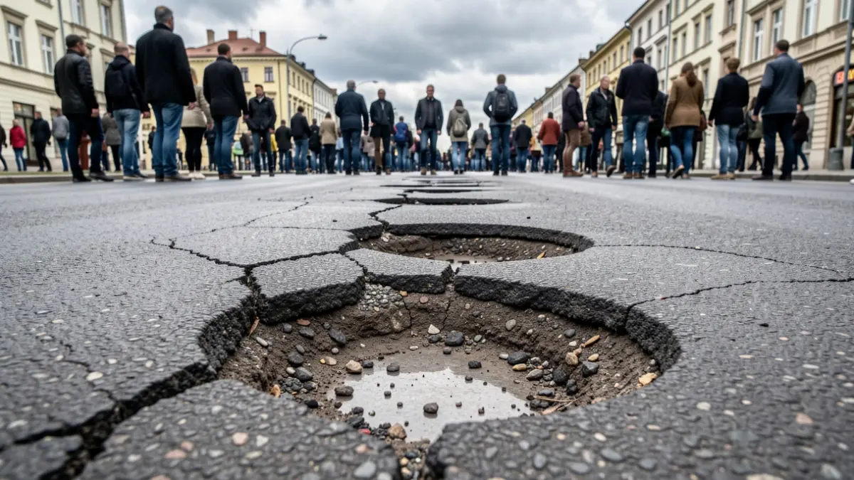 Imagen principal de una carretera con baches y grietas.