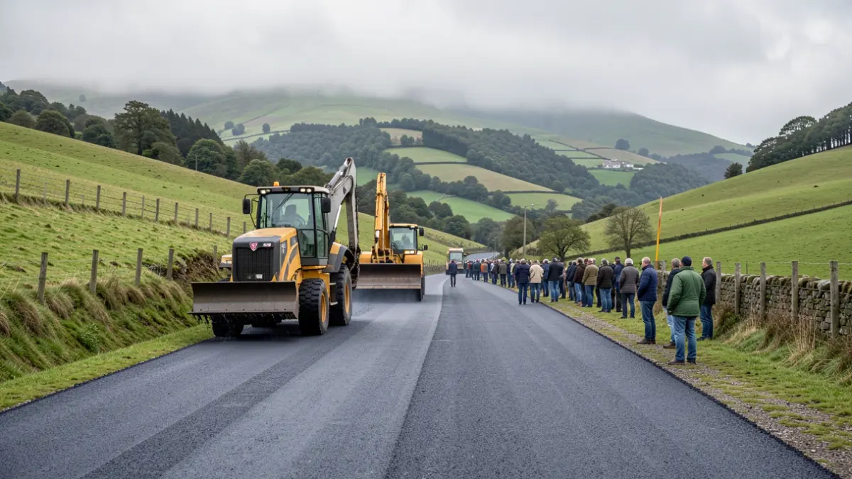 Imaxe xenérica de obras de pavimentación nunha estrada rural.
