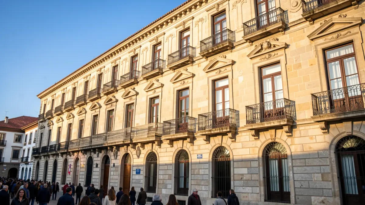 Fachada dun edificio institucional da Deputación de Pontevedra nunha tarde soleada.