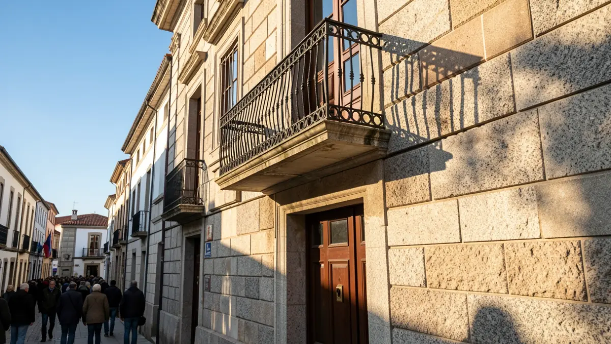 Imagen genérica de una fachada de ayuntamiento de piedra gallego con balcón de hierro.