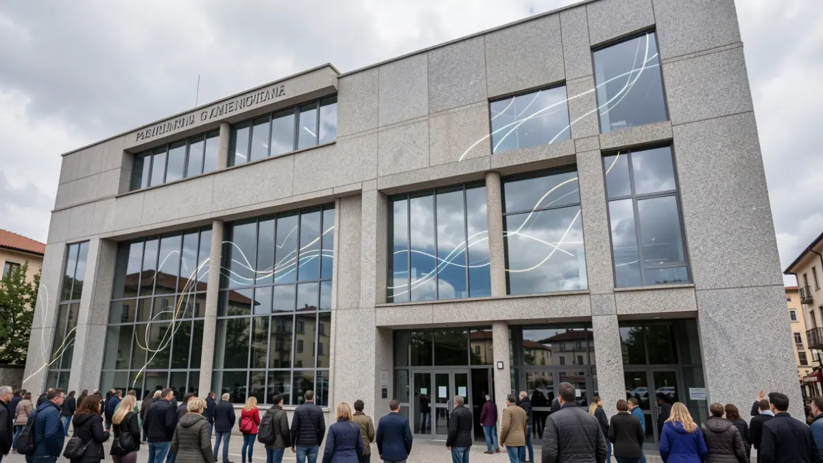 Imagen genérica de un edificio institucional moderno en Galicia con elementos simbólicos de juventud.