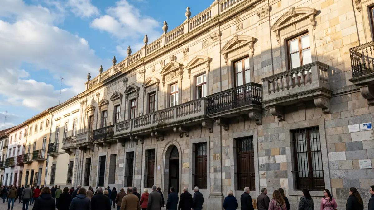 Imaxe xenérica dun concello de pedra galego con balcóns ornamentados e detalles de granito, baixo a luz do sol da tarde.