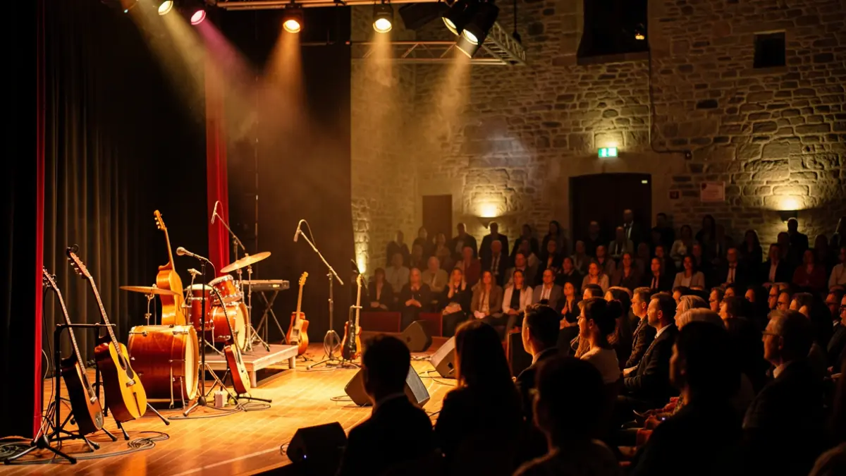 Imagen genérica de un escenario con instrumentos musicales y público difuminado.