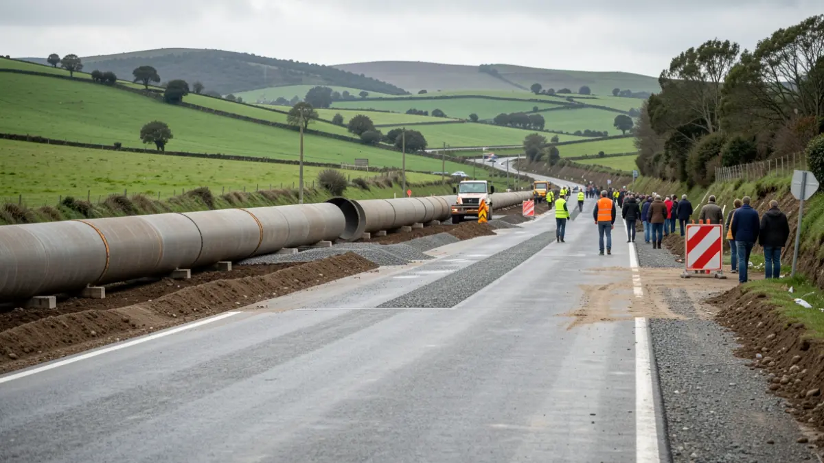 Imagen genérica de obras en una carretera provincial gallega con maquinaria y barreras.
