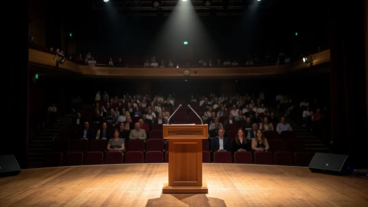 Imaxe xenérica dun auditorio con atril e focos.