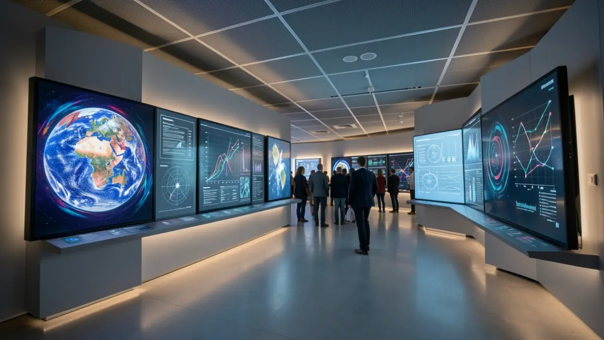 Imagen genérica de una sala de museo de ciencia interactiva con pantallas digitales.