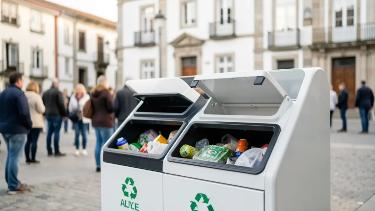 Imagen genérica de contenedores de reciclaje modernos con fondo de un ayuntamiento gallego.
