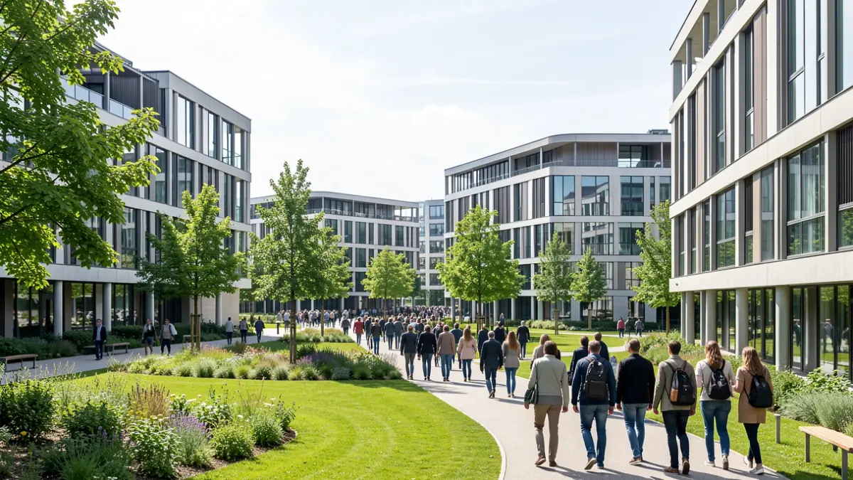 Imagen genérica de un campus universitario moderno con edificios verdes y caminos.