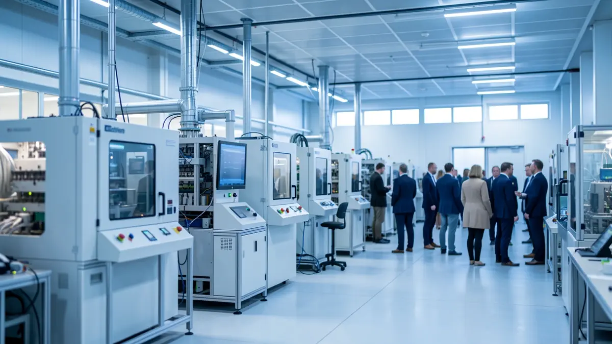 Imaxe dunha planta industrial de alta tecnoloxía con maquinaria de semiconductores.