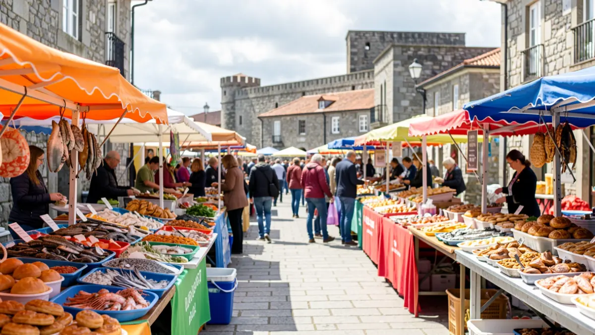 Imagen genérica de una fiesta gastronómica al aire libre en Galicia con puestos de comida y gente.