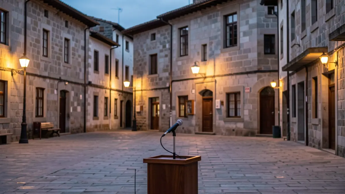 Imaxe xenérica dunha praza de vila galega ao anoitecer, con edificios de granito e un atril preparado para un evento.