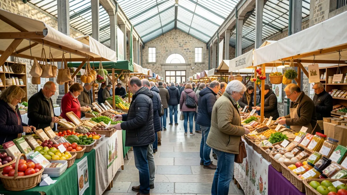 Imaxe xenérica dun mercado interior con postos de produtos artesanais e ecolóxicos.