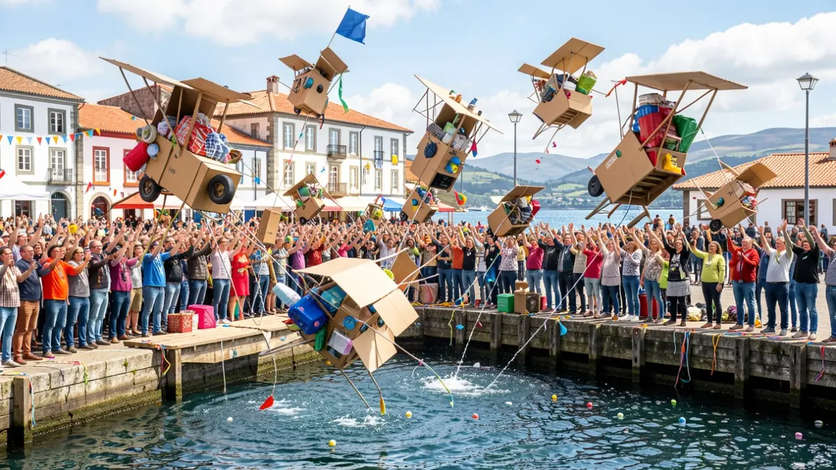 Imaxe dunha festa popular en Ribeira con artefactos caseiros lanzándose á auga.