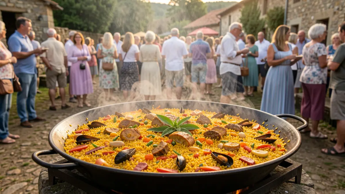 Imaxe dunha gran paella servida nunha festa popular de verán en Galicia.