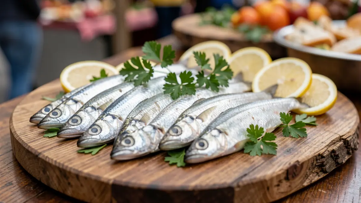 Primeiro plano de varias sardiñas prateadas dispostas nunha bandexa de madeira rústica, adornadas con perexil e limón.