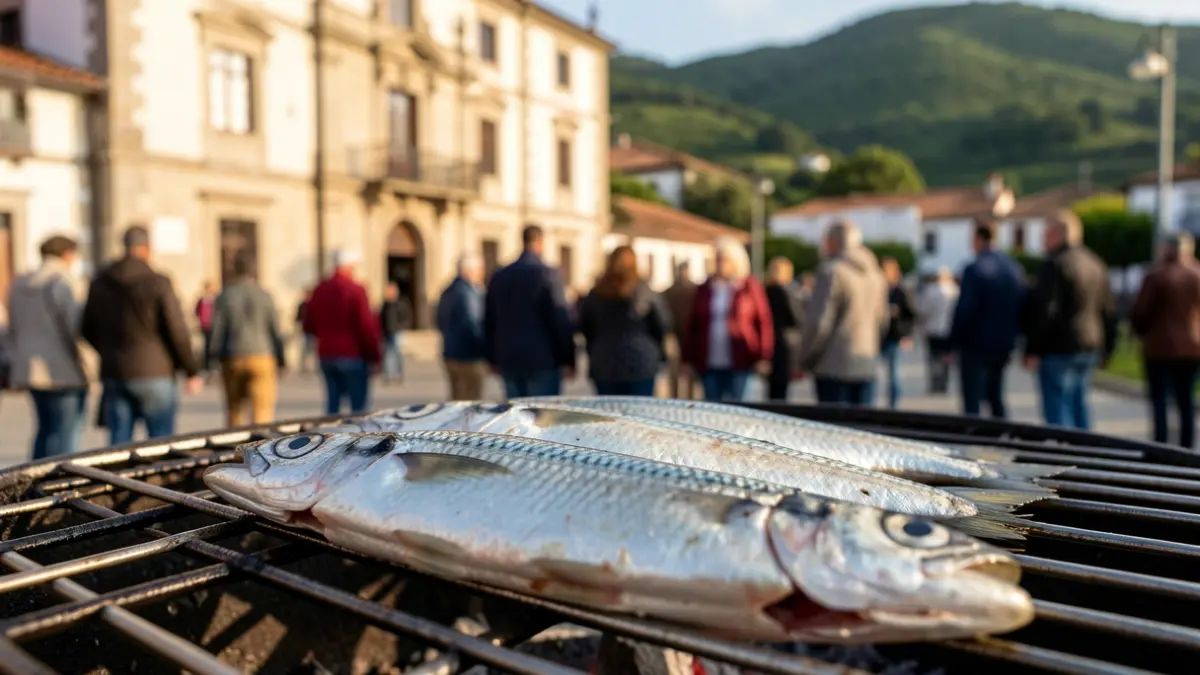 Primeiro plano de sardiñas frescas á grella, cun fondo desfocado da fachada dun concello galego e outeiros verdes, luz solar cálida, estilo documental.