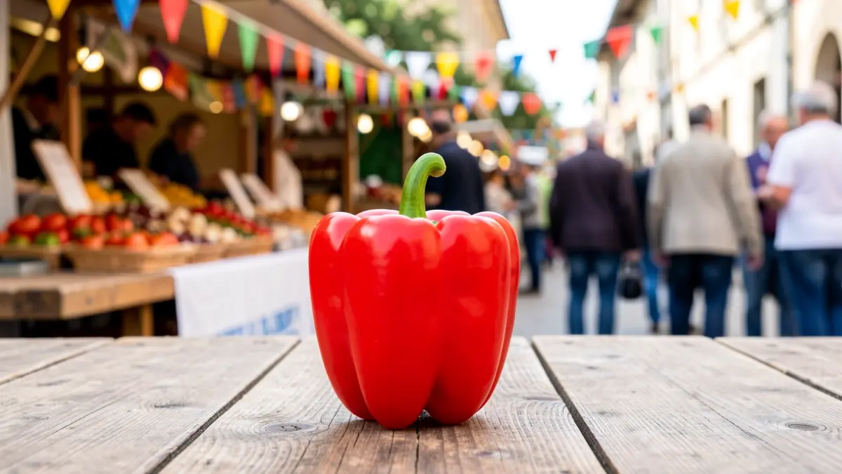 Imagen genérica de un pimiento rojo de Arnoia en un puesto de mercado festivo.