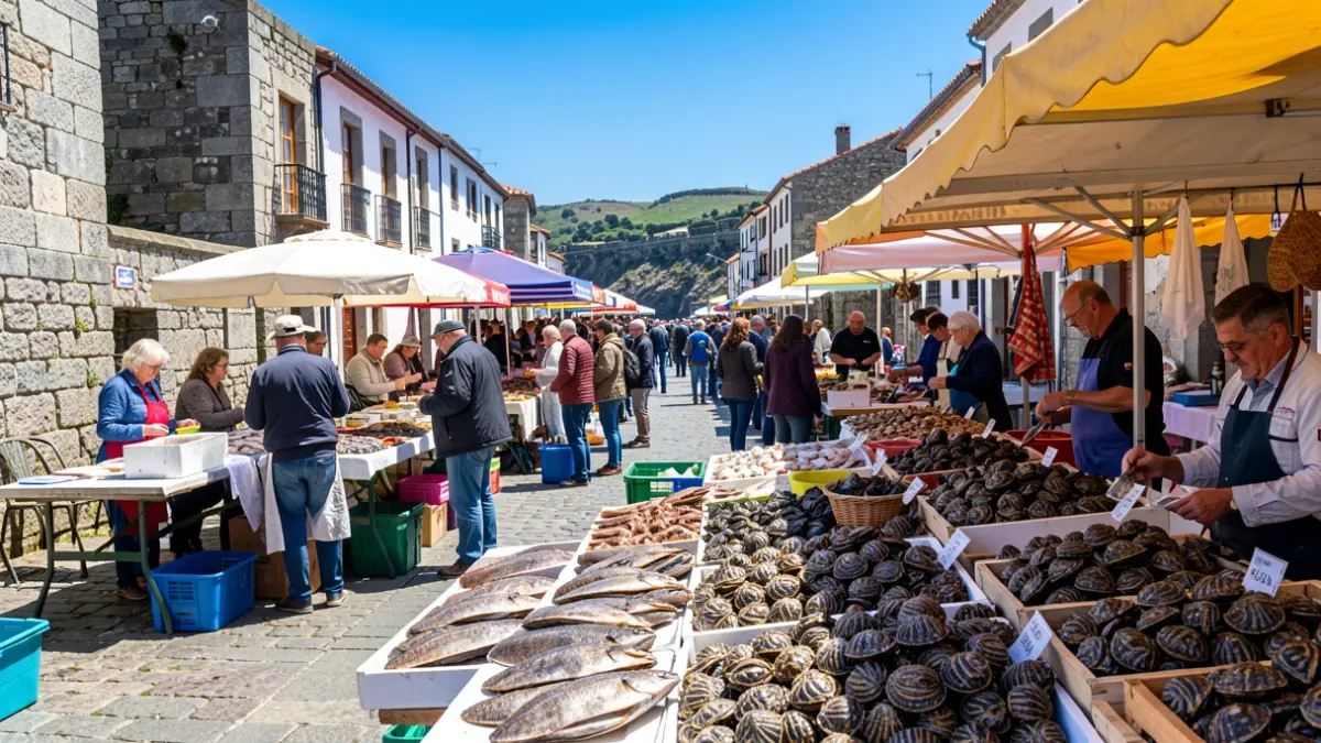Imaxe dunha festa gastronómica mariñeira en Galicia, con percebes e ambiente festivo.