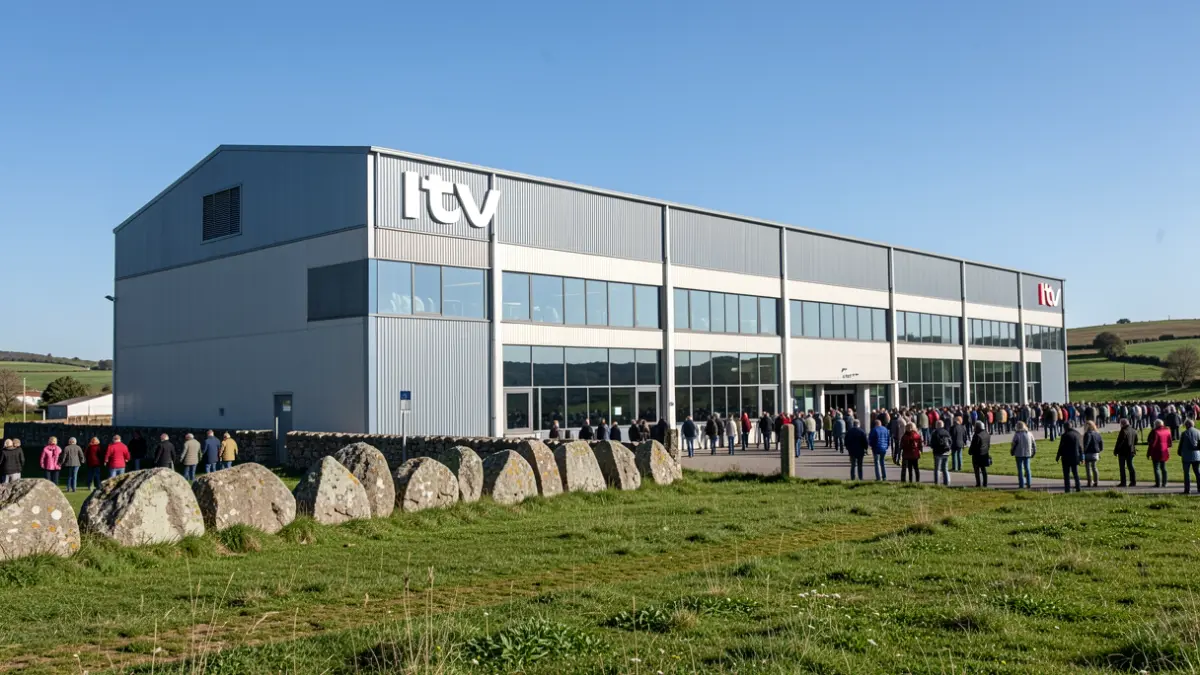 Imagen de una moderna nave industrial con señalización de ITV en un paisaje rural gallego.