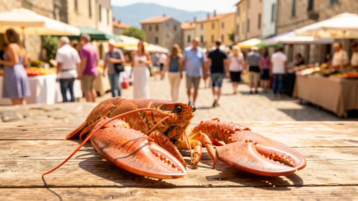 Imaxe dunha lagosta servida nunha mesa durante un evento gastronómico ao aire libre.