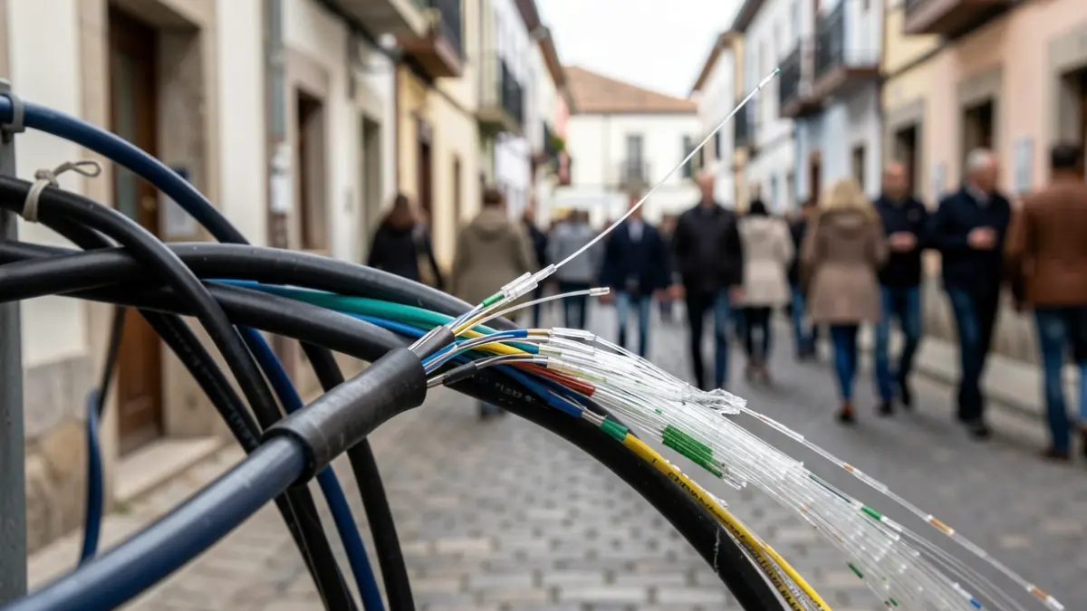 Imagen genérica de cables de fibra óptica dañados en una calle de un pueblo gallego.