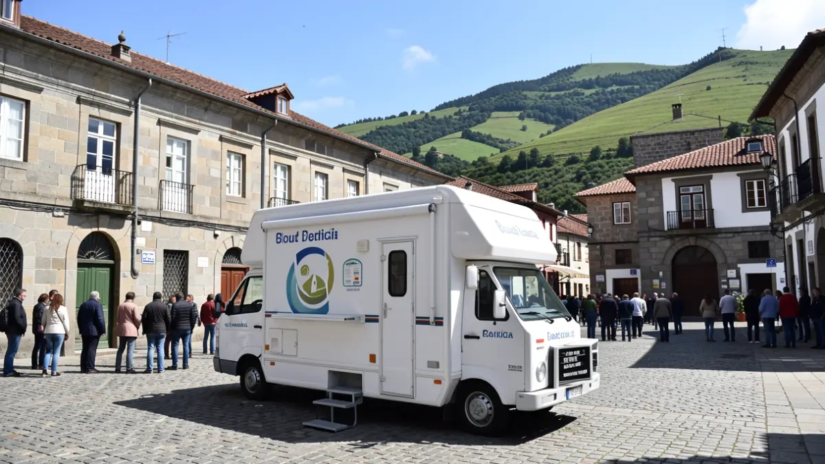 Unidade móbil de doazón de sangue na Praza do Concello da Laracha, Galicia.