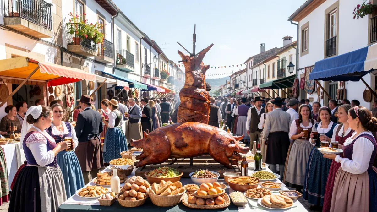 Imaxe dunha festa gastronómica en A Merca co porco á espeto como protagonista.