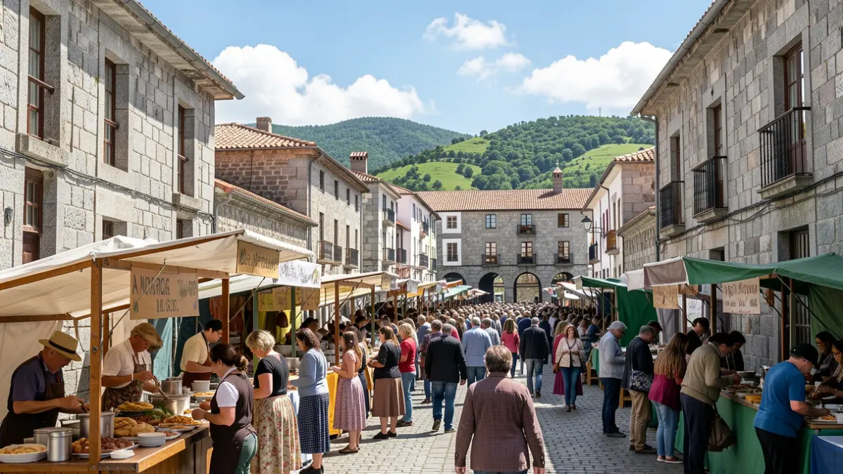 Imagen de una fiesta gastronómica al aire libre en A Merca, Ourense, con puestos de comida y gente disfrutando.