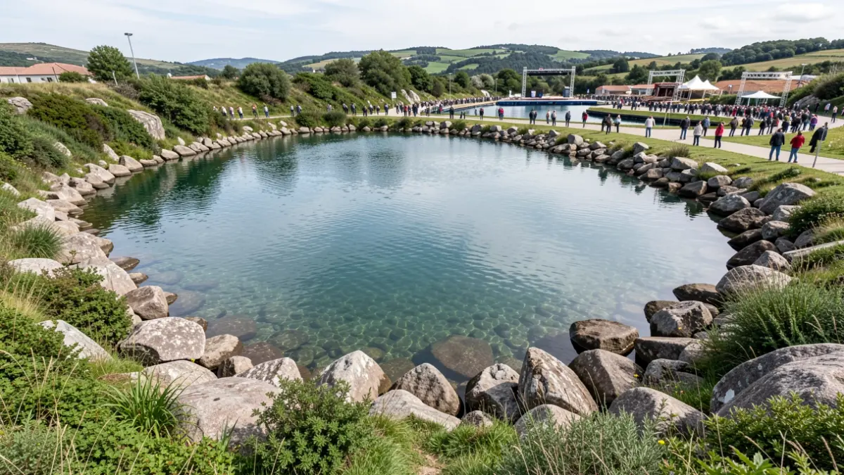 Imaxe xenérica dunha lagoa artificial en Galicia con vexetación e indicios de construción.