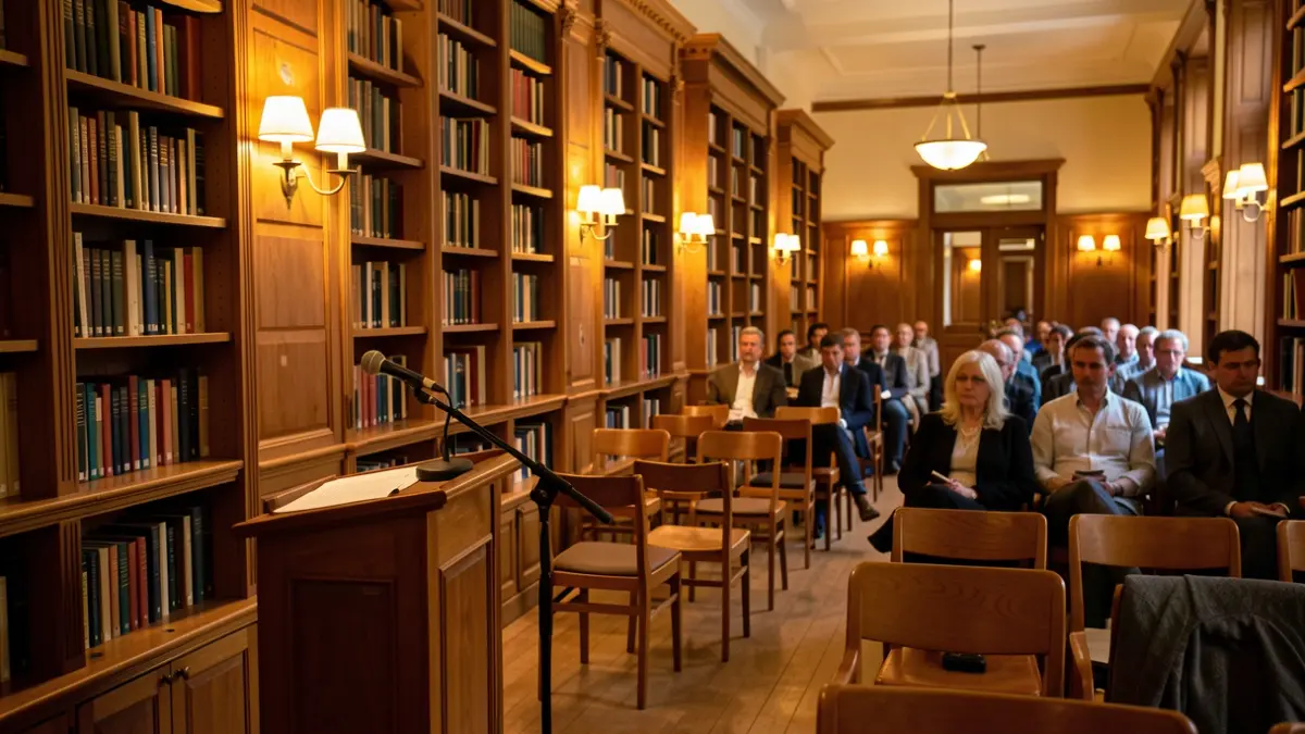 Imaxe xenérica dunha sala de conferencias ou biblioteca con atril e cadeiras.