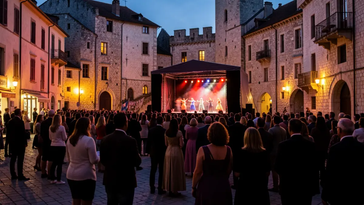 Imagen genérica de un festival de teatro en una plaza histórica al anochecer, con gente y arquitectura antigua.